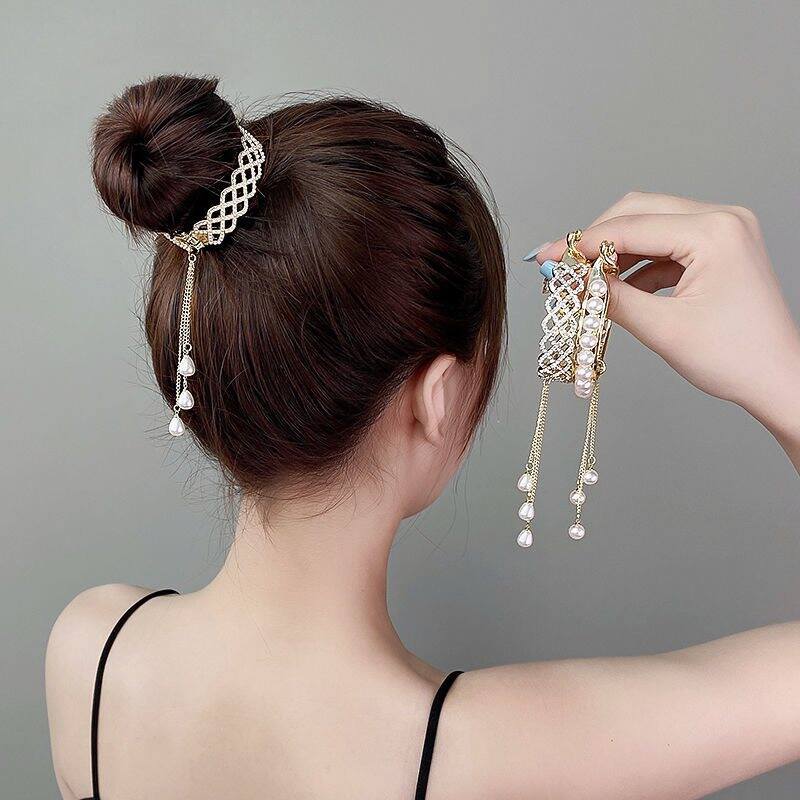 1pc Fashion Alloy Rhinestone Hair Clip Simple Pearl Tassel Ponytail Buckle Hairpin Headgear Ladies Hair Accessories
