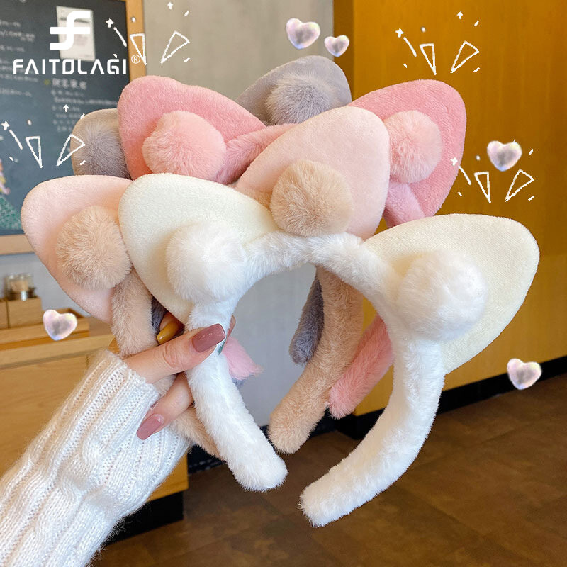 Sweet Cute Plush Cat Ears Hair Hoop for Women Solid Color Wash Face Makeup Hairband Autumn Winter Fluffy Hair Band Korean Style Headwear