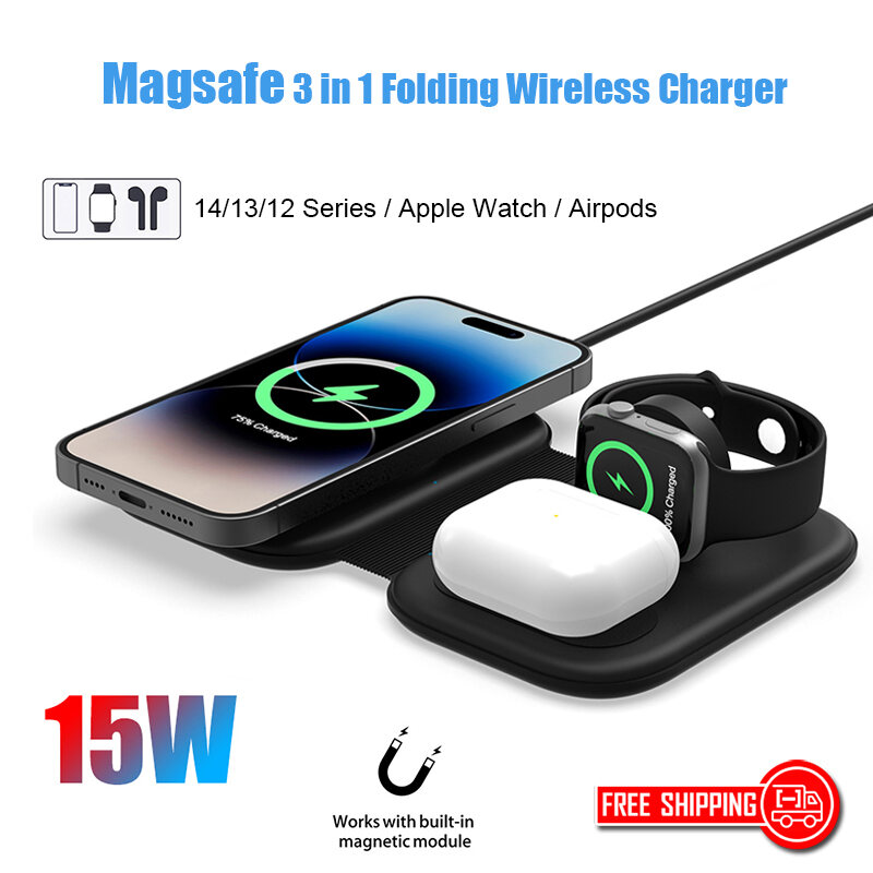 3 in 1 Wireless Charger Foldable 15W Magnetic Fast Wireless Charging Pad MagSafe Charger For iPhone 14 13 12 Series Apple Watch Ultra 8 7 6 AirPods 2 3 Pro 2022