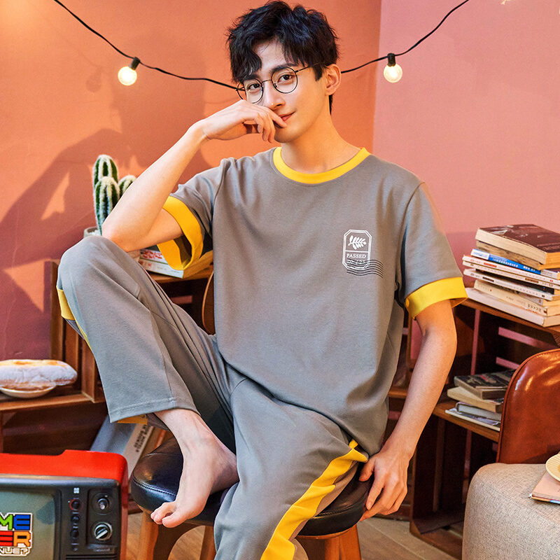 Good Goods Men's Pajamas Summer Cotton Thin Pajamas Men's Summer Short-Sleeved Trousers Purple Non-Pilling Spring Homewear
