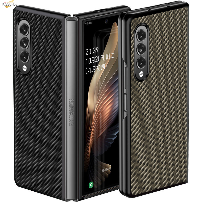 KISSCASE Suitable for Samsung Galaxy Z Fold 3 5G  Z Fold  4 Z Fold 2 Carbon Fiber Shockproof Non-slip Solid Color Phone Case Pu Leather All-inclusive Metal Camera Ring