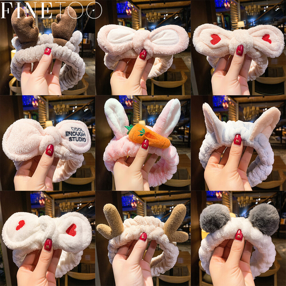 FINE TOO Korean Cartoon Plush Hairband Cute Rabbit Ears Elastic Headband Face Wash Hair Band Girls Hair Accessories Gift