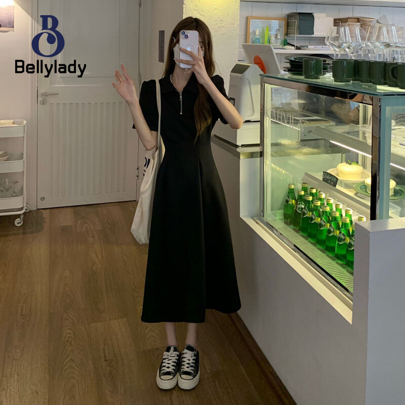 BellyLady Women Polo Slim Fit Dress Solid Color Short Sleeve High Waist Student Vacation Dress