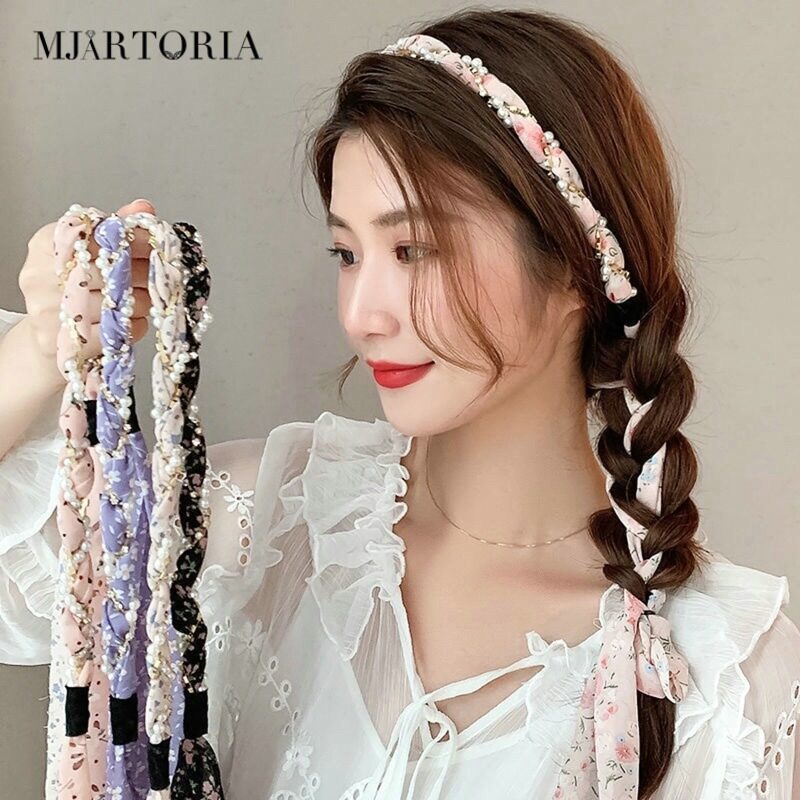 MJartoria Braided Hair Hoop Women Fashion Floral Pearl Hair Band Summer Fairy Air Net Red Ribbon Hair Accessories