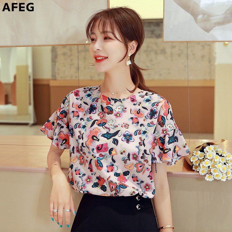 AFEG new Korean women short-sleeved round neck printing casual fashion wild temperament elegant blouses