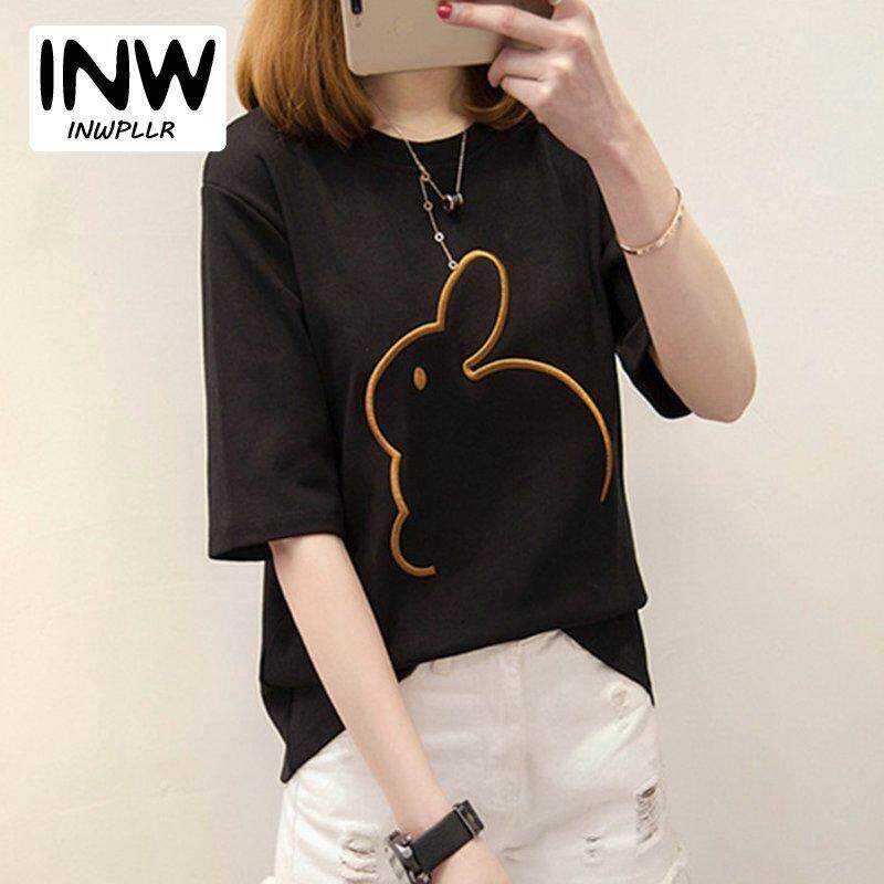 INWPLLR New Fashion Funny Tshirt Rabbit Embroidery Tops Korean Style Short-sleeved Women T-shirts Summer O-Neck Tops Tees Female T Shirt