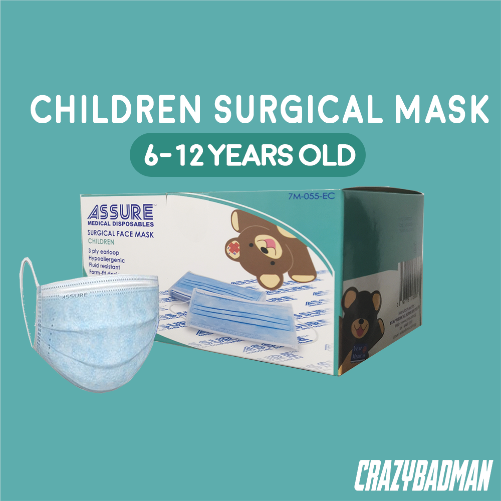 ASSURE Surgical Face Mask for CHILD, CHILDREN, KIDS and Toddlers 3-Ply Earloop, Large Size (14cm x 9.5cm), 50 Pcs/Box bundle