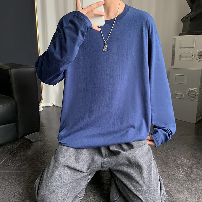 Blue t shirt Men Oversize Korean Style Long Sleeve Fashion Tops Casual Basic Plain t-shirt
