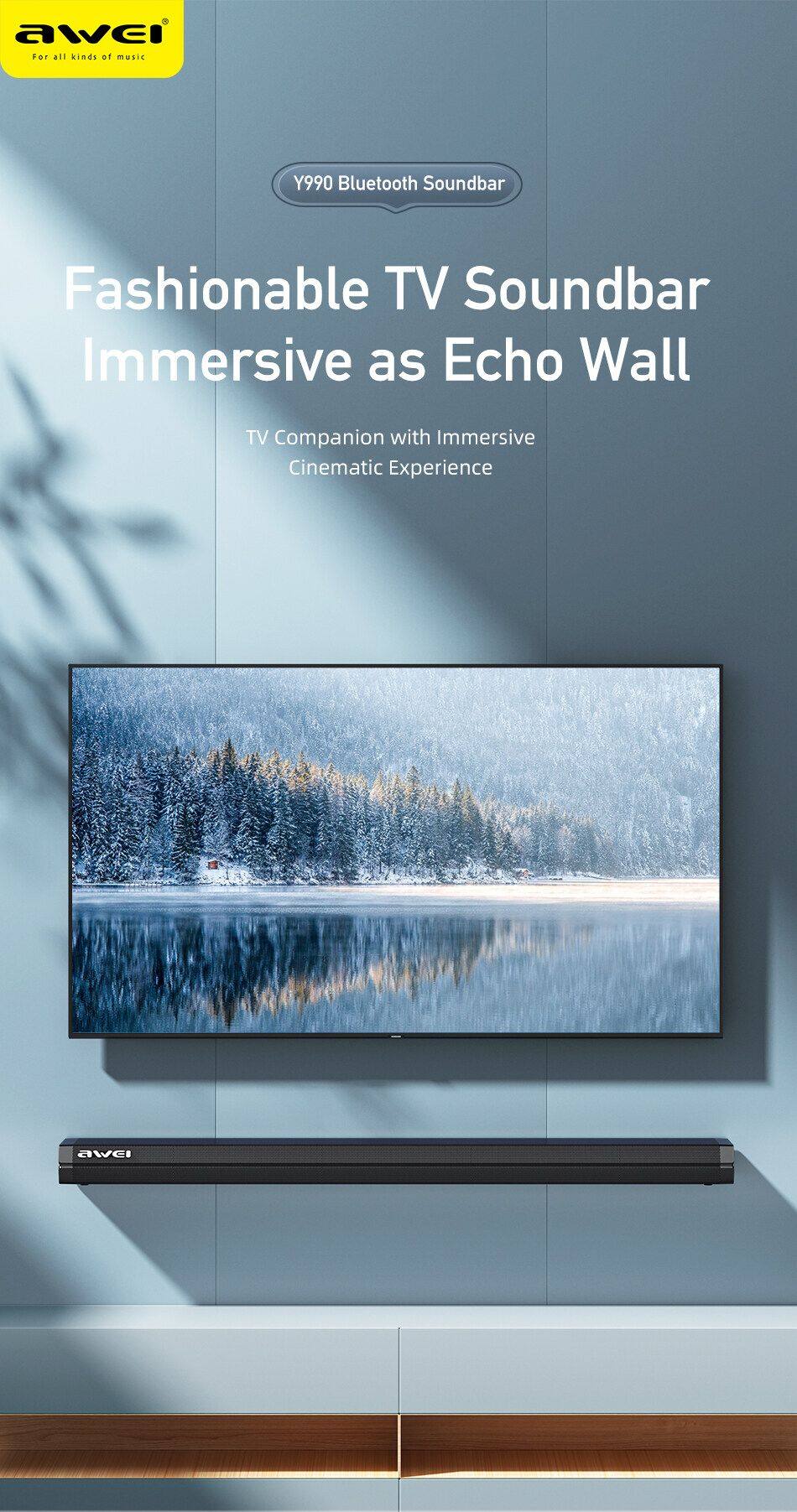 Awei Y990 TV Soundbar Speaker 33Inches Wireless Bluetooth Soundbar Home Theater With 8 Built-in Sound Units Support Bluetooth/Optical/SPDIF/AUX