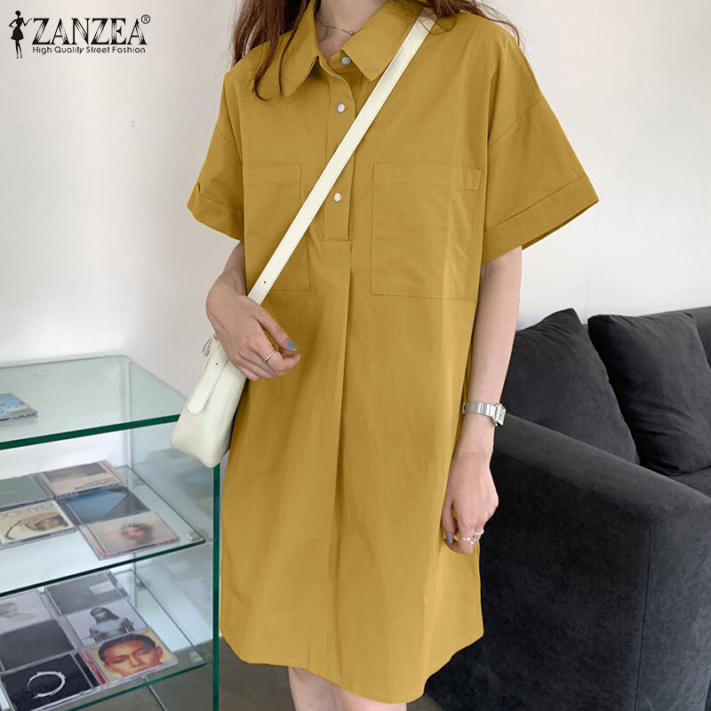 ZANZEA Korean Style Womens Summer Button Cotton Mini Shirt Dress Casual Sundress