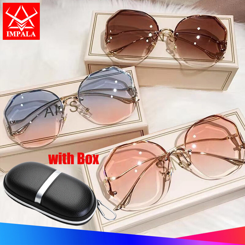 IMPALA QT3001L Fashion Rimless Sunglasses for Women Korea Style Sun Glasses for Female Sand Beach Eyewear UV Protective HD Lens Black Pink Blue Lens Optional with Box
