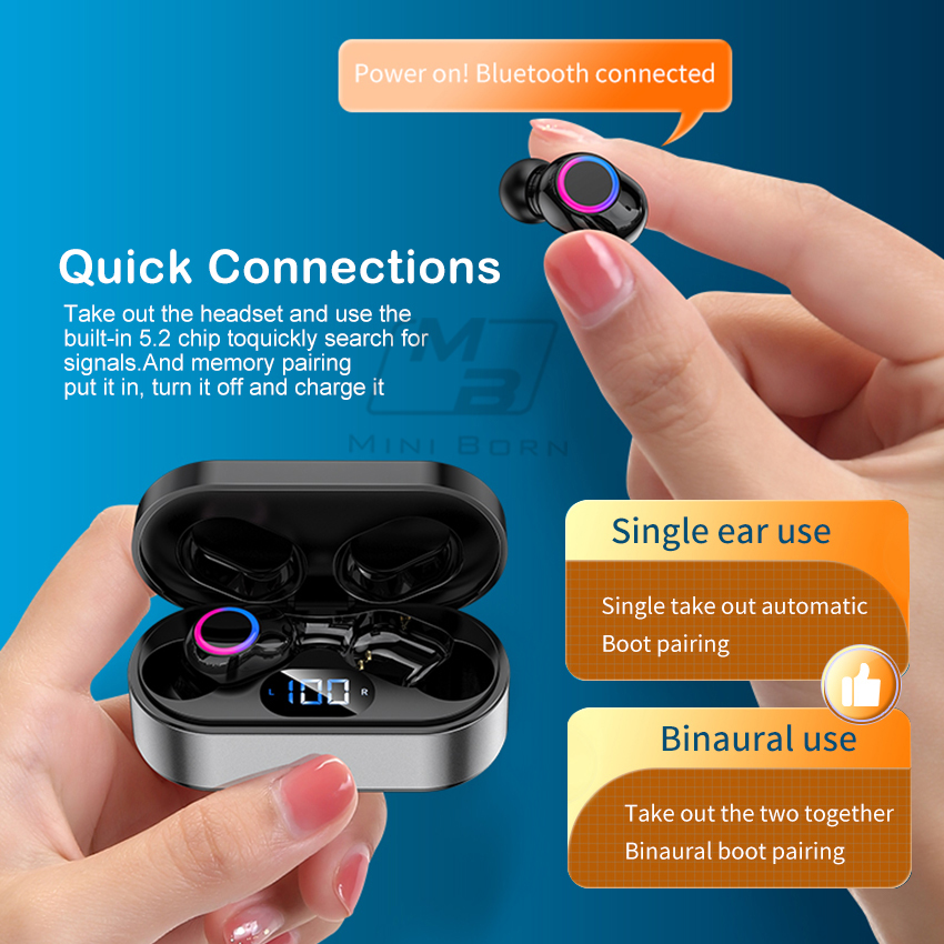 Mini Born TWS Earphone Wireless Earbuds Bluetooth 5.2 In-Ear Headphones Sweatproof Sports Headsets LED Display Earphone HIFI Stereo Noise Canceling Earphone Hands free Earbuds USB Charging With Large 