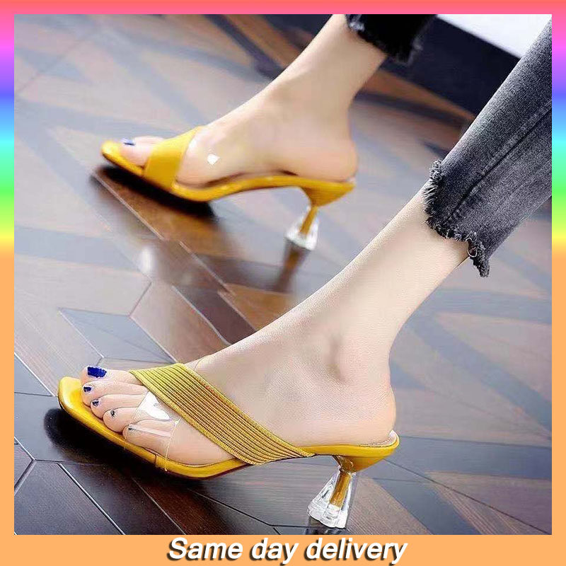 Korean sandals open toe color block thick heel versatile slippers