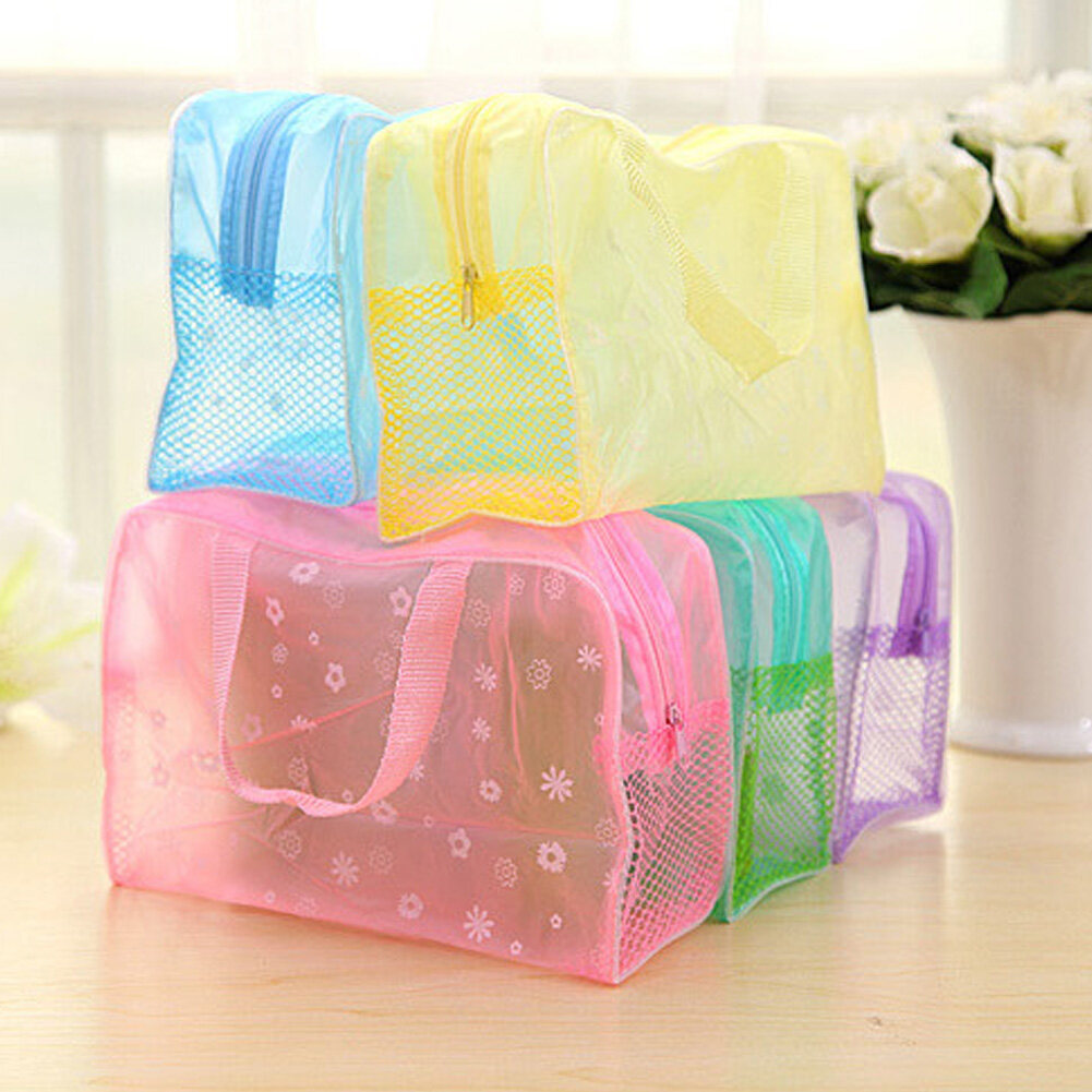PVC Storage Bag Make Up Organizer Bath Waterproof Transparent Floral Tote Bag for Travel