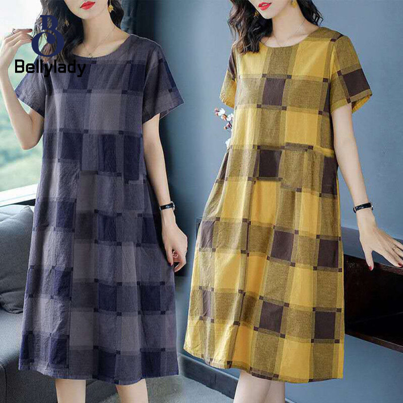 BellyLady Women Plaid Printing Dress Round Neck Short Sleeves A-line Skirt Large Size Loose Casual Dress