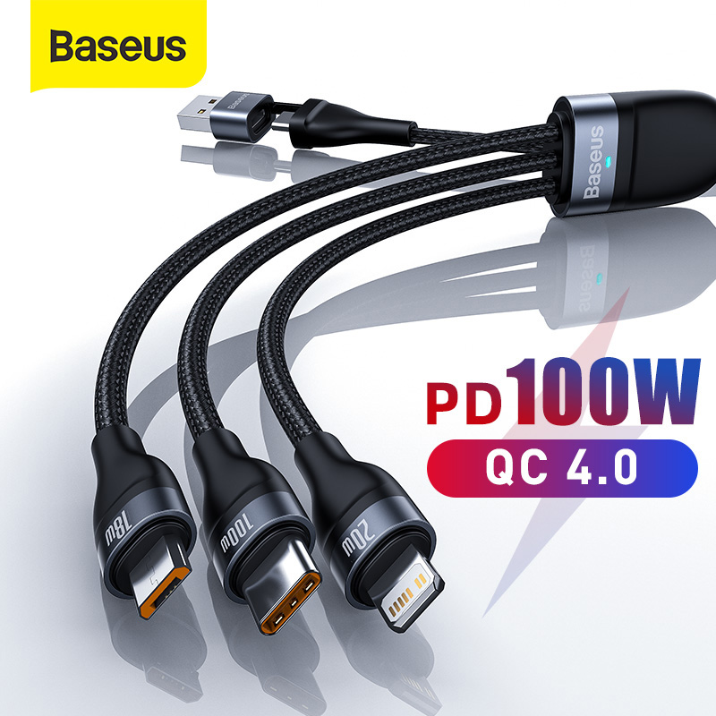 Baseus 3 in 1 Fast Charging Cable PD 100W Multi Charging Cable for iPhone 13 12 Pro Max PD Charging with Lightning / USB C / Micro Port Nylon Braided Data Cable