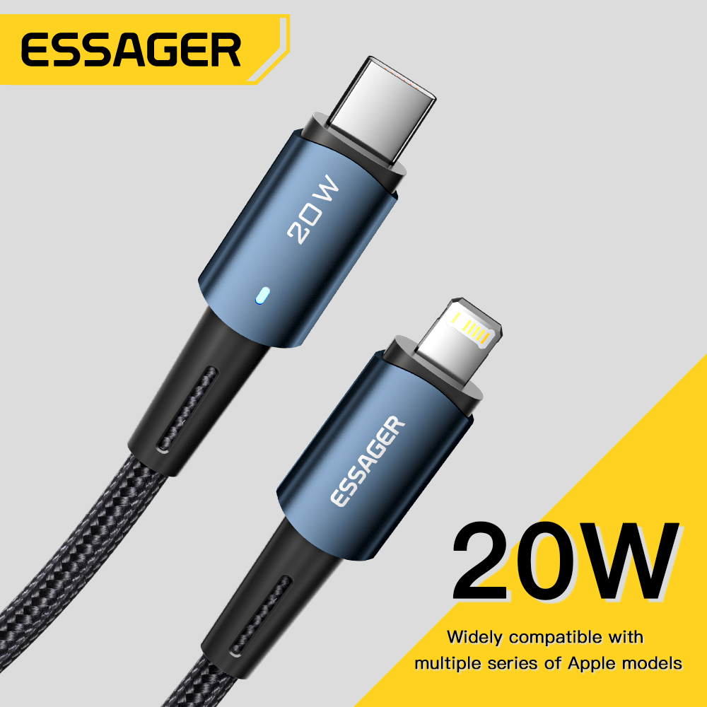 Essager PD type C to Lighting LED 3A aluminum alloy quick charging cable 20W for iPhone 12 Pro Max 12mini 11 Pro Max x 8 plus MacBook PD charger data cable