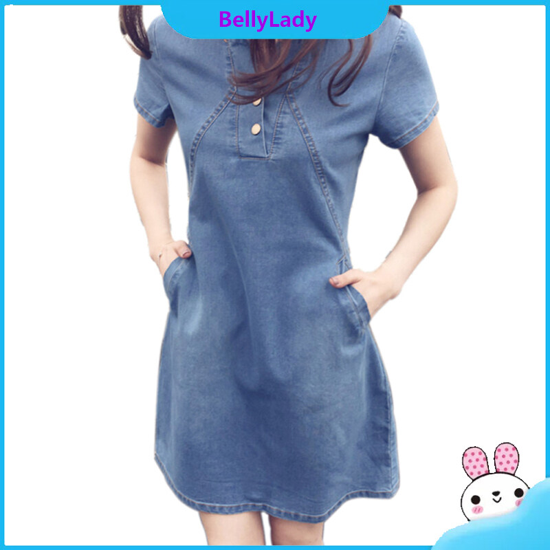 Women Denim Skirt Button Round Neck Short-sleeved Solid Color Casual Pullover Midi Dress