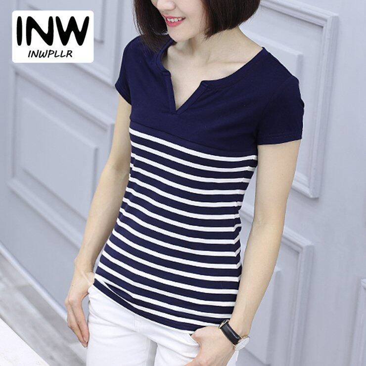 INWPLLR Simple Women Top Fashion Stripe Top Tee Casual Small V-neck Tshirt All-match Patchwork T-Shirts