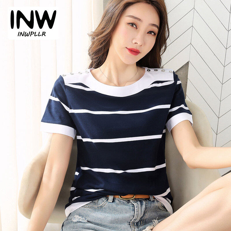INWPLLR Fashion T-shirt Women Tops Summer White And Blue Striped T-Shirts New Korean Short Sleeve O-neck Ladies Tshirt Large Size