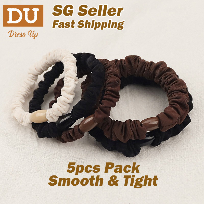 [SG | Smooth & Tight] 5pc Black Coffee Beige Color French Style 5-6cm Slim Hair Scrunchies Hair Tie Hair Band for School Office, Dress Up