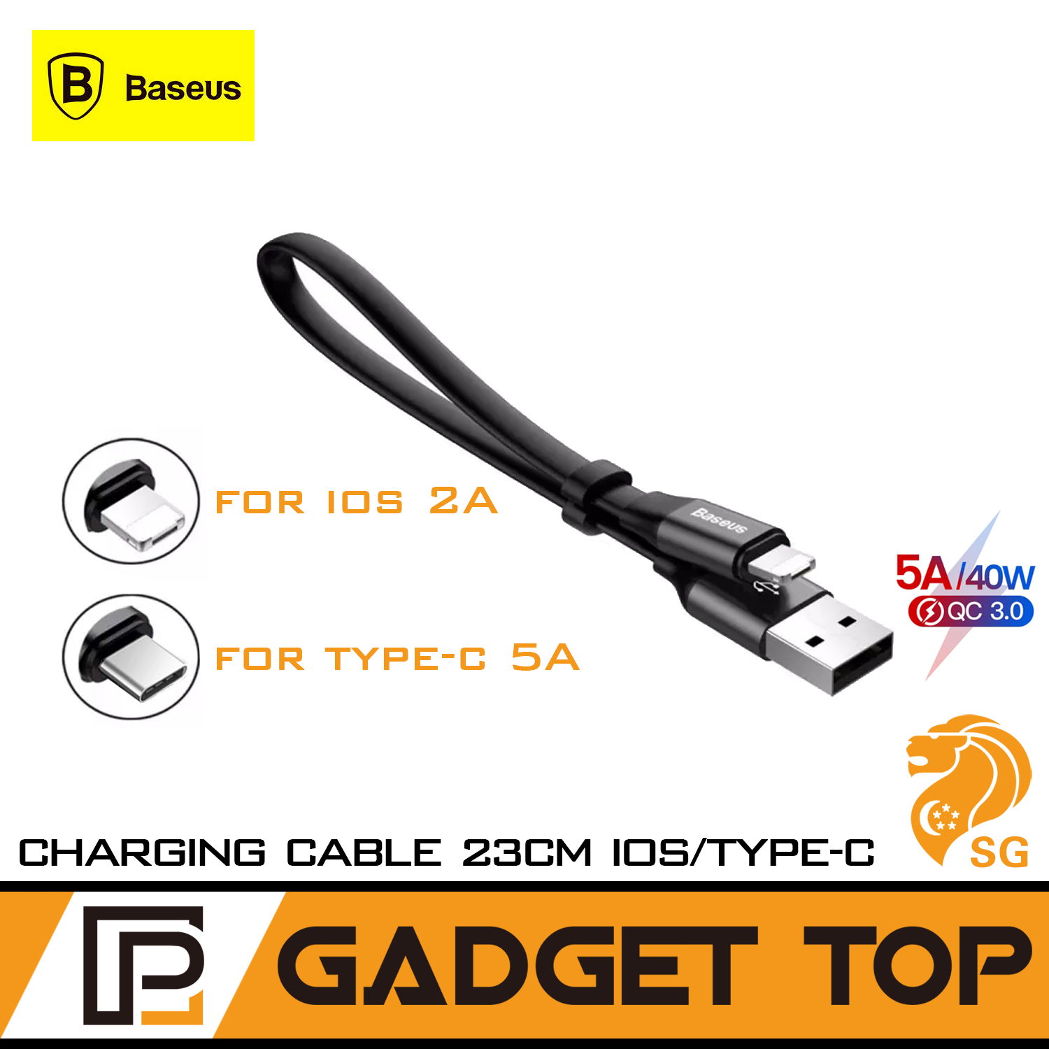 SG Seller Baseus Simple 5A Quick Charge USB Type C Cable iPhone Cable Lightning Cable 40W Super Quick Charging+Data Sync Cable Short Cable 23 cm