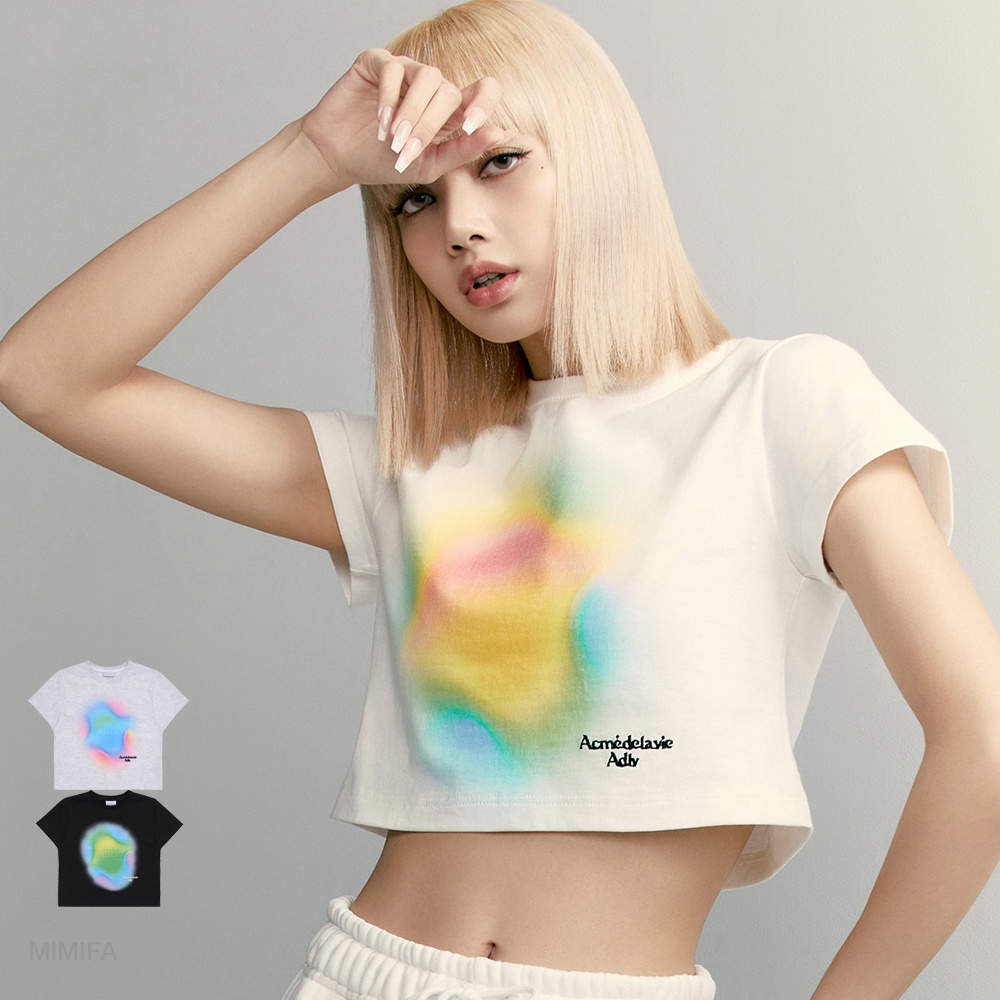 [acme de la vie] 100％ Authentic BLACKPINK LISA OUTFITS RAINBOW GRADATION ARTWORK CROP TOP SHORT SLEEVE T-SHIRT Korean Fashion