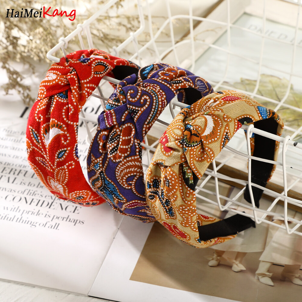 1pc Fashion Korean Style Headband Simple Temperament Printing Knotted Wide-brimmed Headband Ethnic Style Hair Accessories