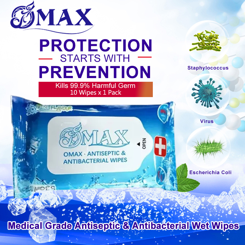 OMAX SG ✨ ANTISEPTIC-ANTIBACTERIAL WET WIPES ✨ GYM  OUTDOOR  TRAVEL 10 WIPES/ PACK ✨ QTY x 2