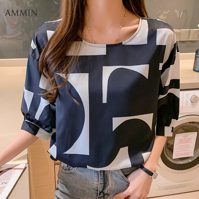 AMMIN Tops 2021 summer new style irregular pattern printing short-sleeved fashionable elegant temperament blouse women&#39;s Korean version of simple round neck printing light mature design all-match 