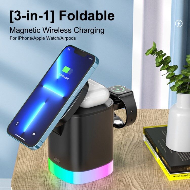 LEMONDA T15 3 in 1 Magnetic Wireless Charger Folding Charging Stand for iPhone iWatch AirPods Cordless Charging Station with RGB Light