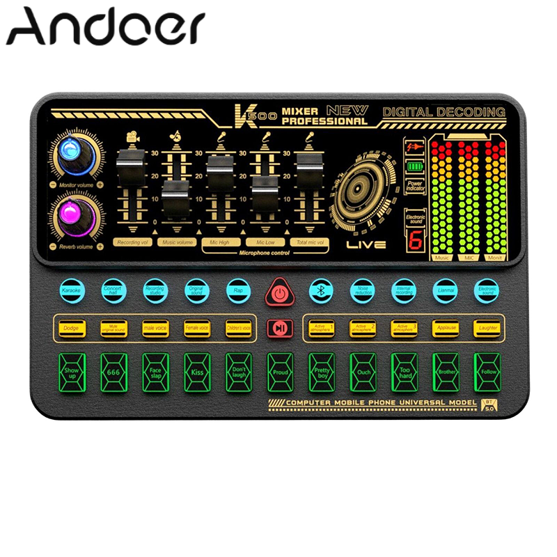 SK500 Portable Live Sound Card Voice Changer Device Audio Mixer Built-in Multiple Sound Effects Rechargeable Battery BT Connection for Smartphone Computer Live Streaming Online Singing Chatting Game K