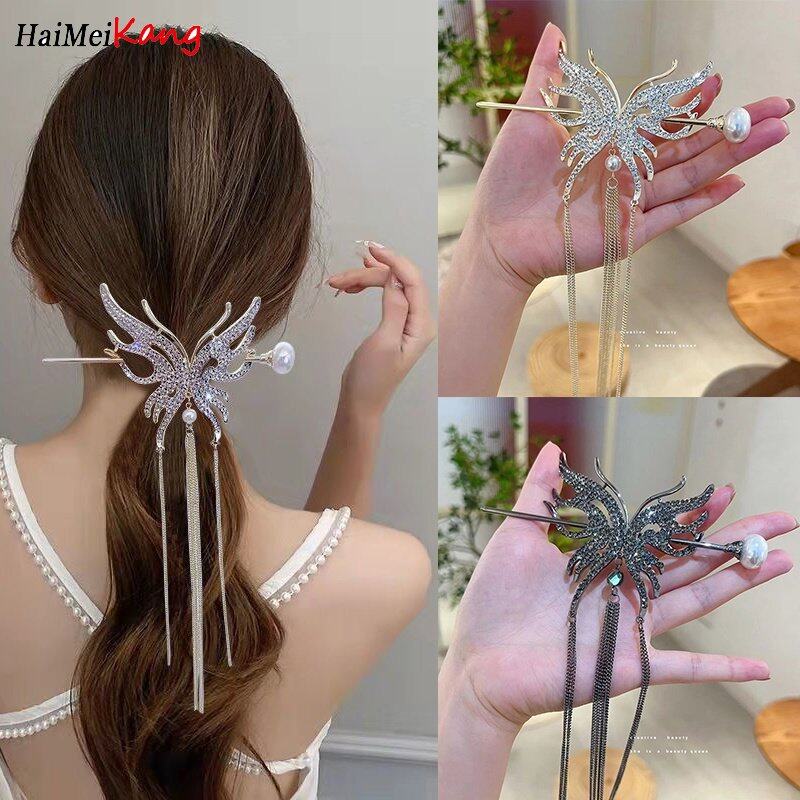 1pc New Rhinestone Butterfly Tassel Pearl Hair Clip Fashion High-quality Temperament Metal Hairpin Headgear for Women
