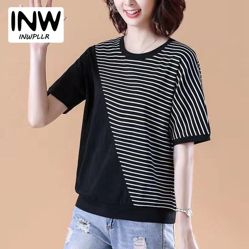 INWPLLR Large Size Women Tops Patchwork T-shirts Casual Loose Short Sleeve Top Korean Stripes Tshirts