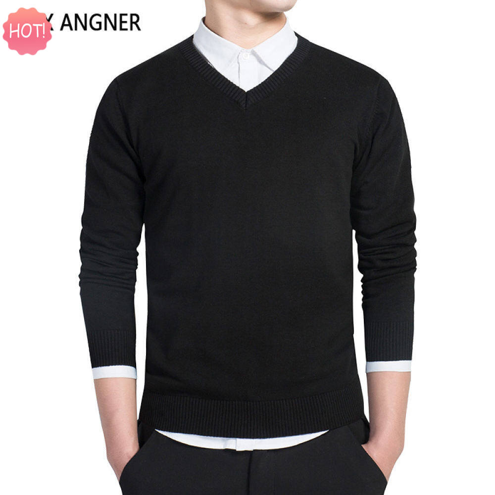 LUX ANGNER Autumn Winter 100% Cotton Sweater Men Casual Solid V neck Pullover Sweaters Men Fashion Knitted Warm Sweater