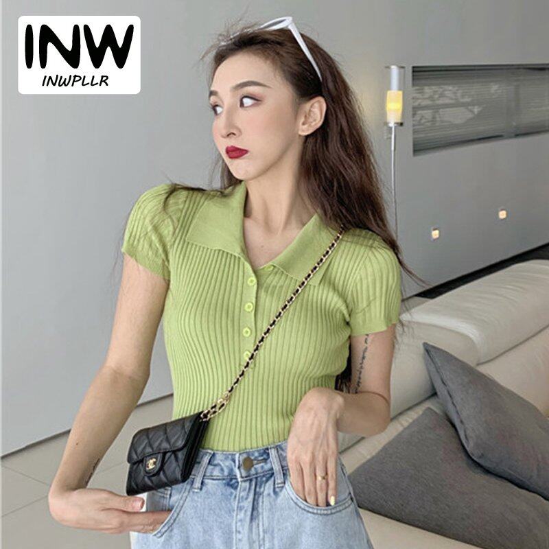 INWPLLR Women Tshirts Chic Slim Female Ins Style Botton Turn-down Collar Top Tees Solid Color Thin Knitted Crop T-shirt