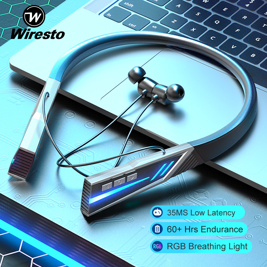 Wiresto TWS Bluetooth 5.0 Earphones 35Ms Latency Professional Gaming Earbuds Neck Hanging Magnetic In-Ear Headphones IPX5 Waterproof Sport Earphone HIFI Stereo Headset Support TF Card with Large Capac