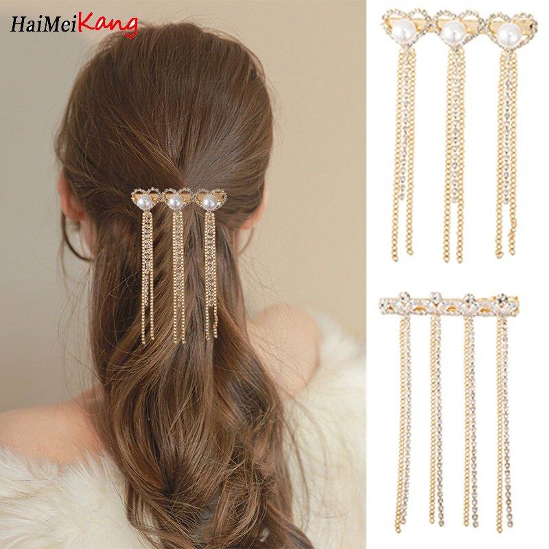 1pc Korean Rhinestone Tassel Hair Clip Fashion Pearl Crystal Metal Hairpin Woman Hair Accessories