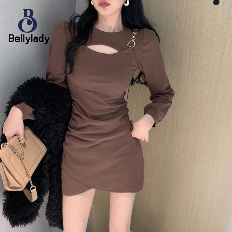 BellyLady Women Long Sleeves Sexy Bodycon Dress Cut Out High Waist Solid Color Round Neck Dress