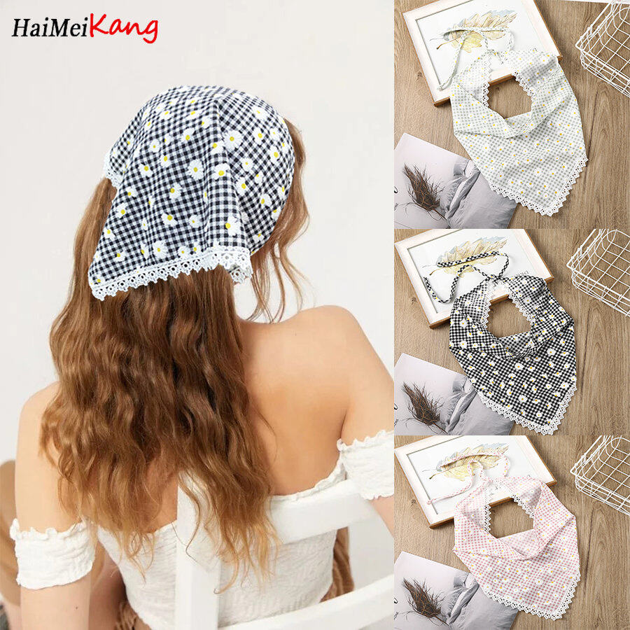 1pc Fashion Korean Casual Headband Daisy Plaid Triangular Scarf Hair Band Small Fresh Women's Hair Accessories