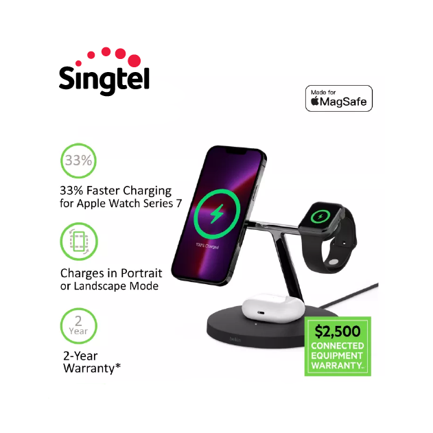 Belkin WIZ017my BoostCharge PRO 3-in-1 Wireless Charger with MagSafe 15W and Power Adapter (iPhone 14/13/12)