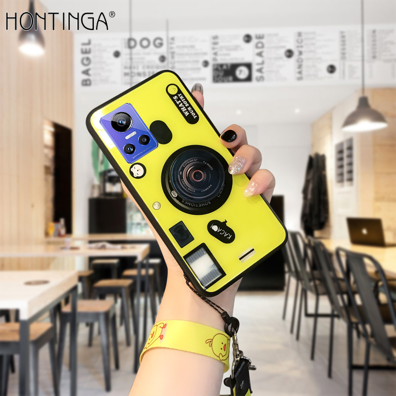 Hontinga Casing Case For Realme GT Neo3 Neo 3 5G Case 3D Camera Lens Case Strap Lanyard Stand Holder Smooth Tempered Glass Back Cover Casing Hard Case For Girls For Women