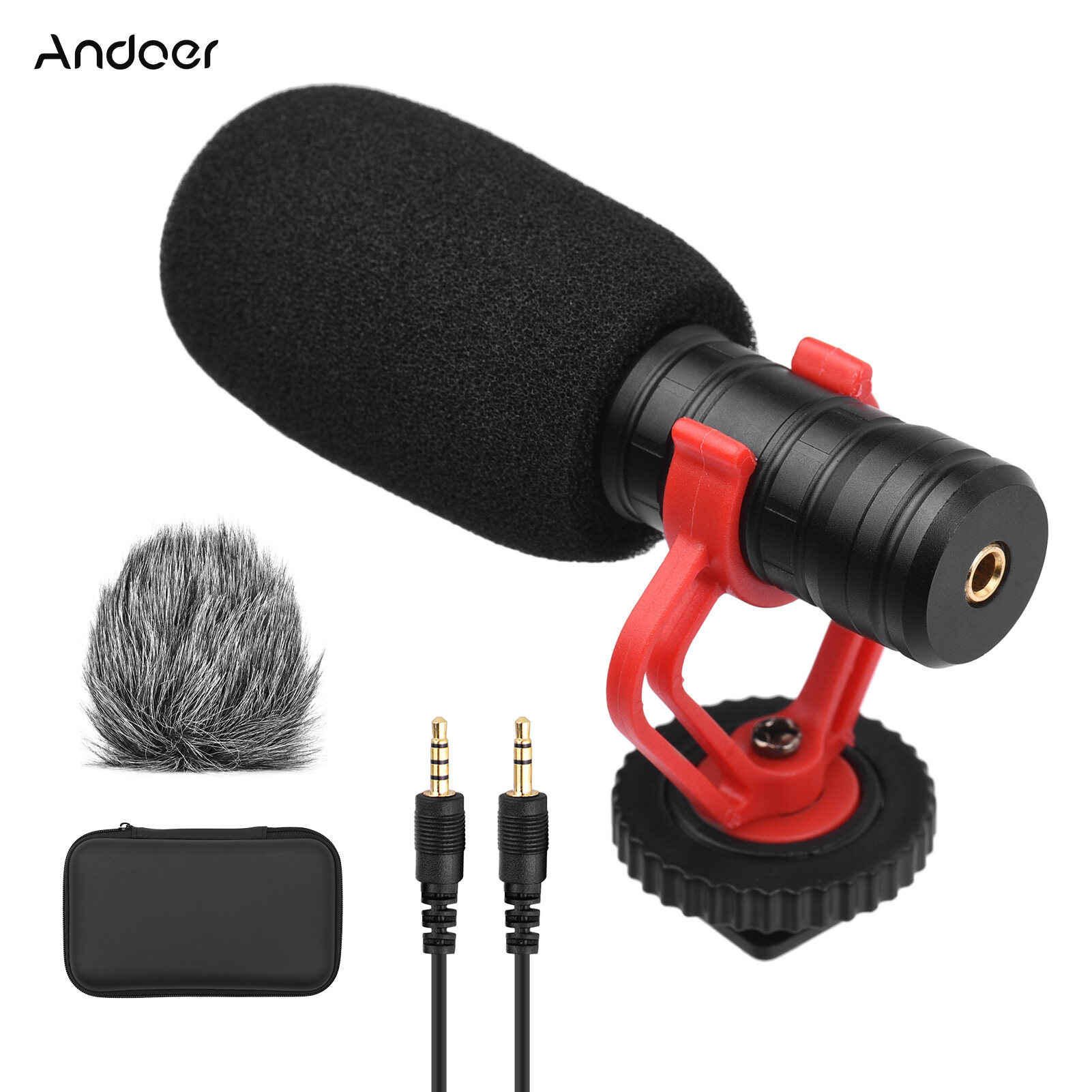 Andoer Camera Microphone Cardioid Condenser Mic with 3.5mm Port Anti-Shock Mount Sponge & Furry Windshield Carrying Case Compatible with Phones Camera for Video Recording Interview