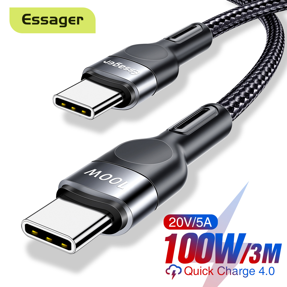 Essager PD 100W/60W USB Type C To USB C Cable 3M QC 4.0 USB-C Cable Fast Charging For Macbook Air 2020 MacBook Pro 2018 Samsung S20+ Xiaomi