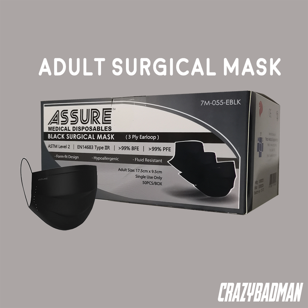 ASSURE Surgical Black Mask 3-ply with Earloop (50 pcs) Bundle