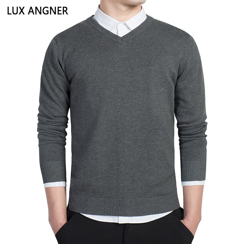 LUX ANGNER Autumn Winter 100% Cotton Sweater Men Casual Solid V neck Pullover Sweaters Men Fashion Knitted Warm Sweater