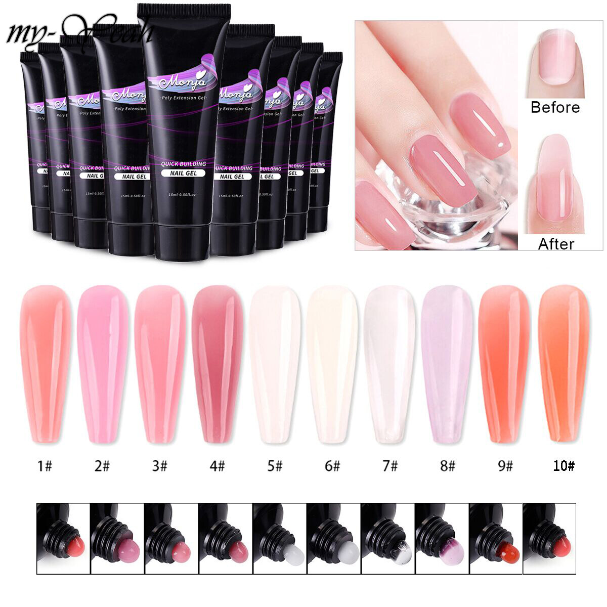 myyeah 10Colors 15ML Nail Art Poly Gel Nail Extension Quick Building Acrylic Nail Art Gel DIY Coating Painting Manicure Tool