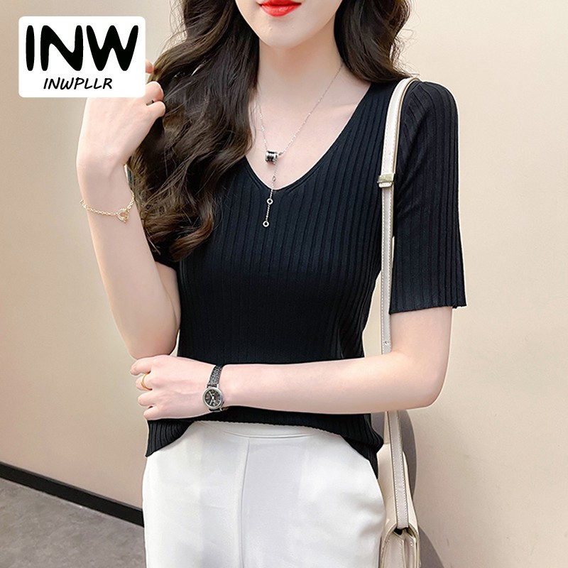 INWPLLR Summer New Korean Version V-neck T-shirt Women Breathable Ice Silk Knitted Tops Solid Short Sleeve Tshirts Female
