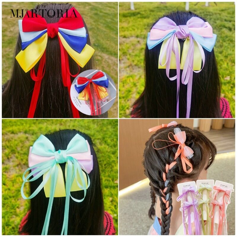 MJartoria Girls Long Ribbon Bowknot Hairpins Children Braided Tassel Pearls Hair Clip Ponytail Holder Princess Headband for Kid