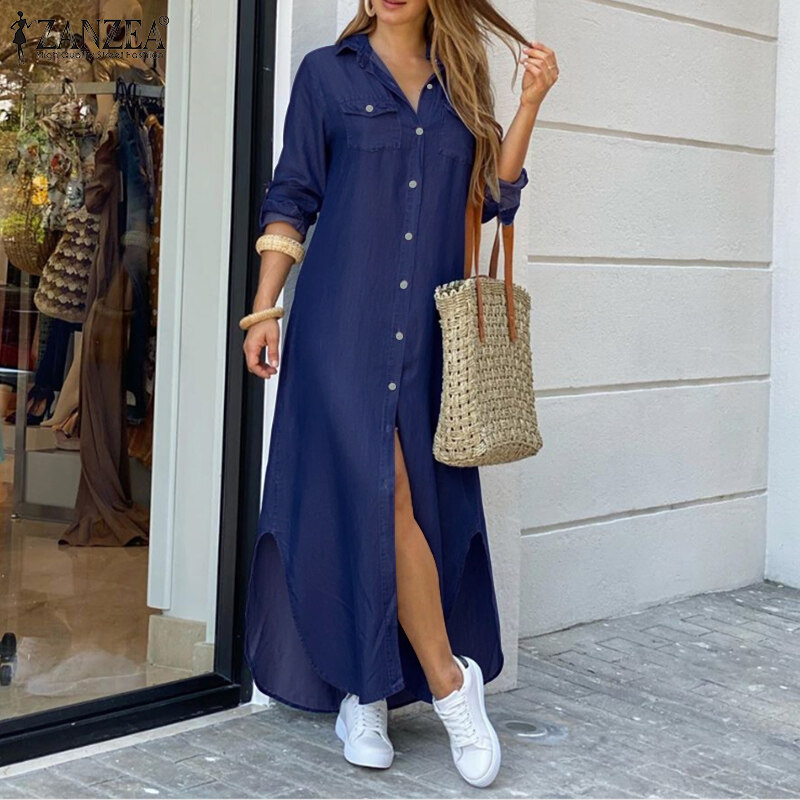 ZANZEA Womens Holiday Long Sleeve Button Down Denim Maxi Shirt Dress Plus Size